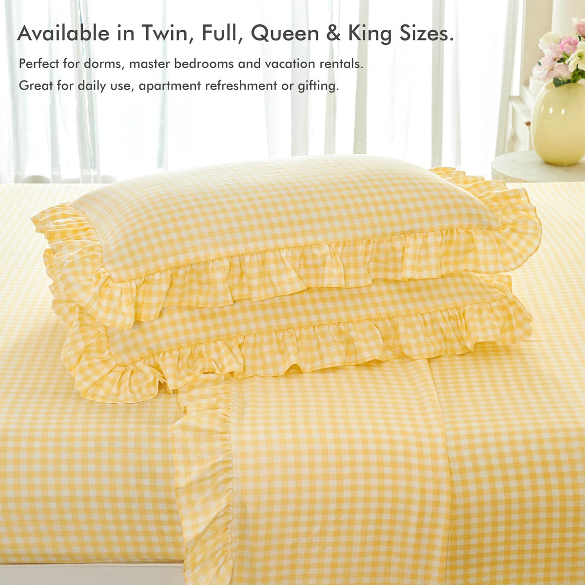 3Pcs Yellow Plaid Ruffled Bed Sheet Set with 1 Pillowcase