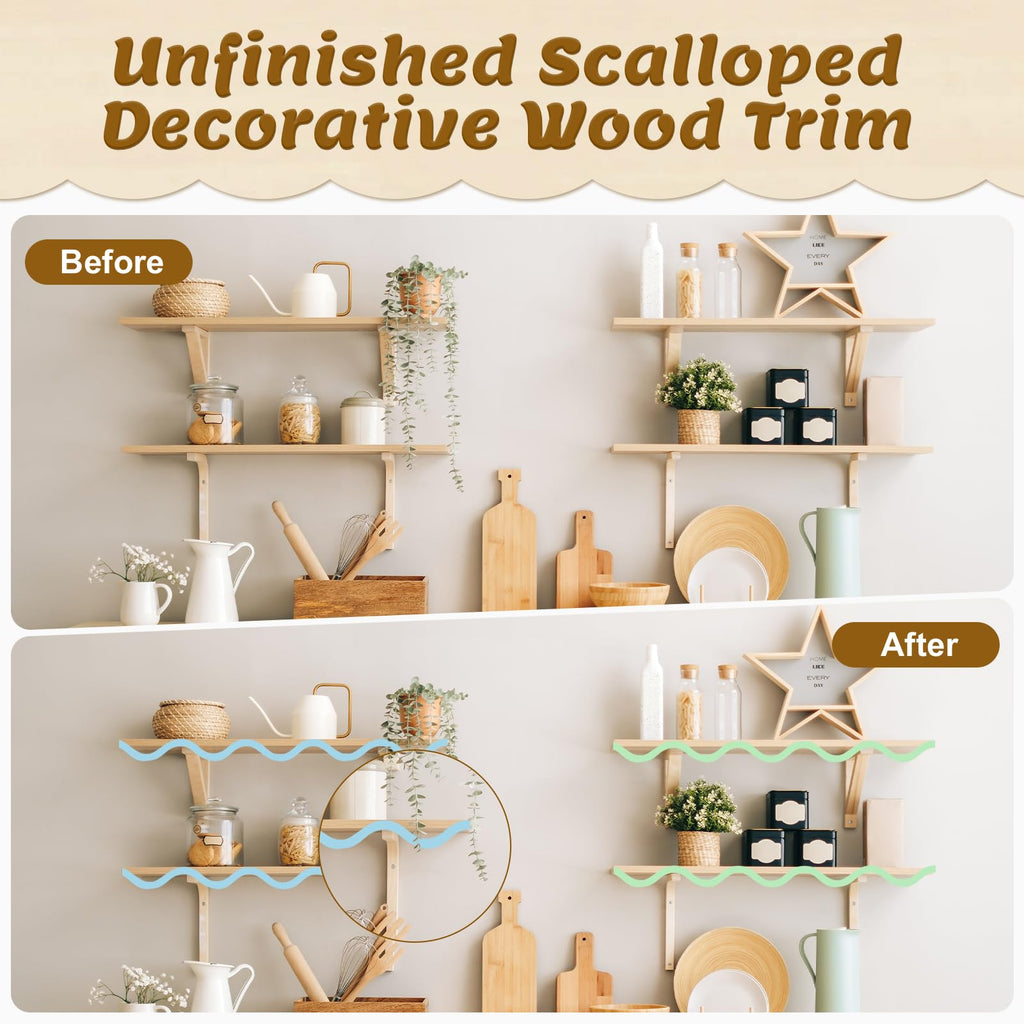 Scalloped Wood Trim, 30 Pack Wave-Shaped Wood Trim, 15.75x1.77 inch