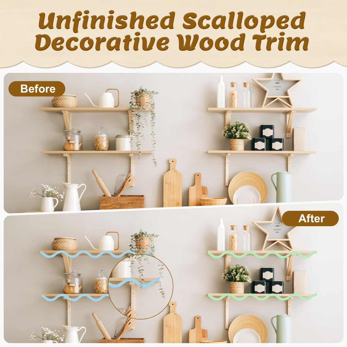 Scalloped Wood Trim, 30 Pack Wave-Shaped Wood Trim, 15.75x1.77 inch