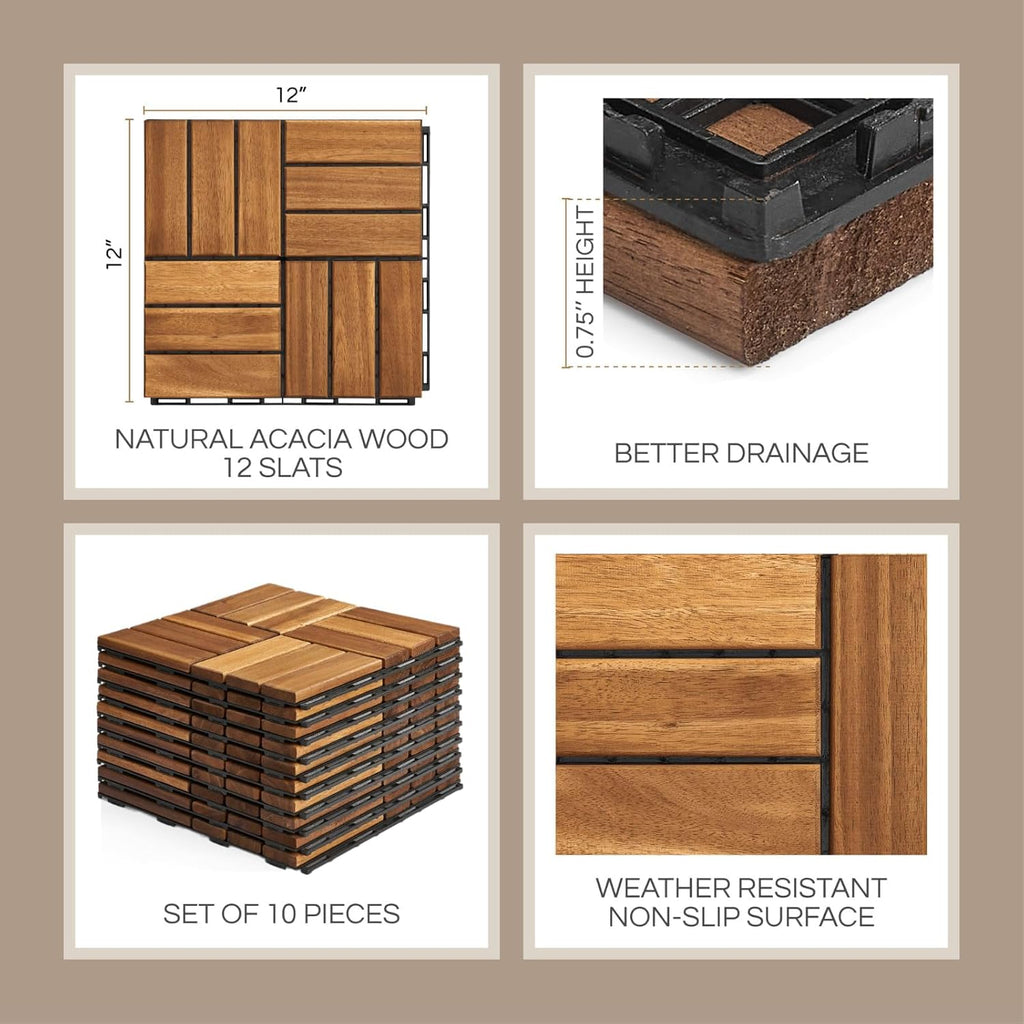 Premium Deck Tiles, Patio Flooring - Set 10 Pcs 12”x12”x0.9” Interlocking Deck Tiles, Waterproof Acacia Wood for Balcony, Backyard, Indoor & Outdoor (Golden Teak, Crossed Pattern, Square Joints)