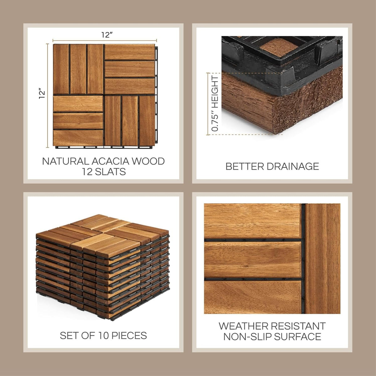 Premium Deck Tiles, Patio Flooring - Set 10 Pcs 12”x12”x0.9” Interlocking Deck Tiles, Waterproof Acacia Wood for Balcony, Backyard, Indoor & Outdoor (Golden Teak, Crossed Pattern, Square Joints)