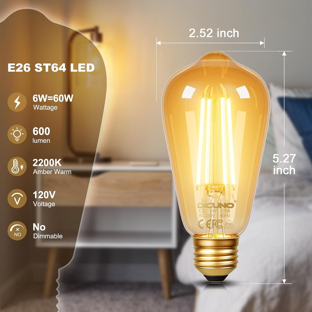 E26 Edison Bulbs 60W, 2200K Amber Warm, Amber Glass, 600LM, 6-Pack