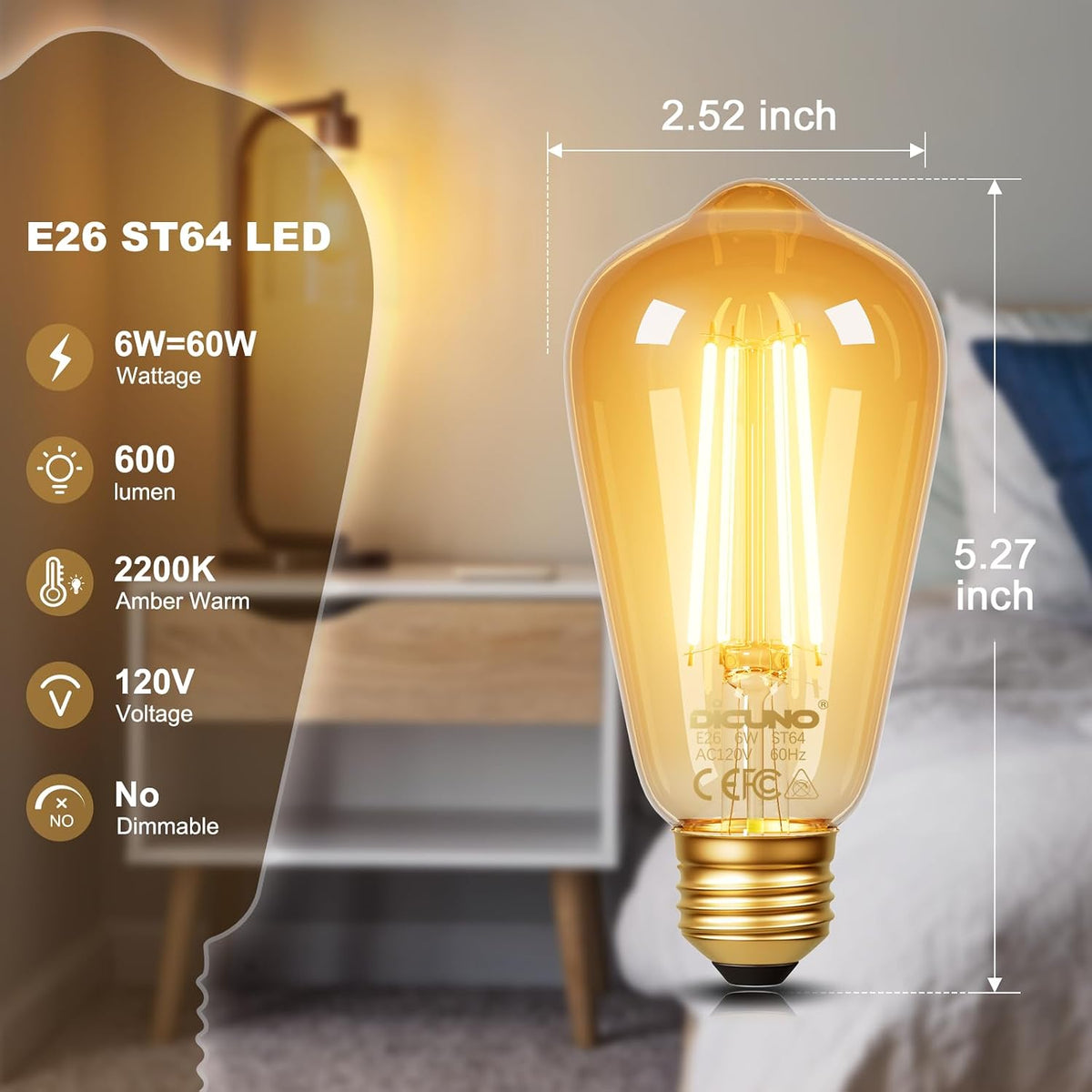 E26 Edison Bulbs 60W, 2200K Amber Warm, Amber Glass, 600LM, 10-Pack