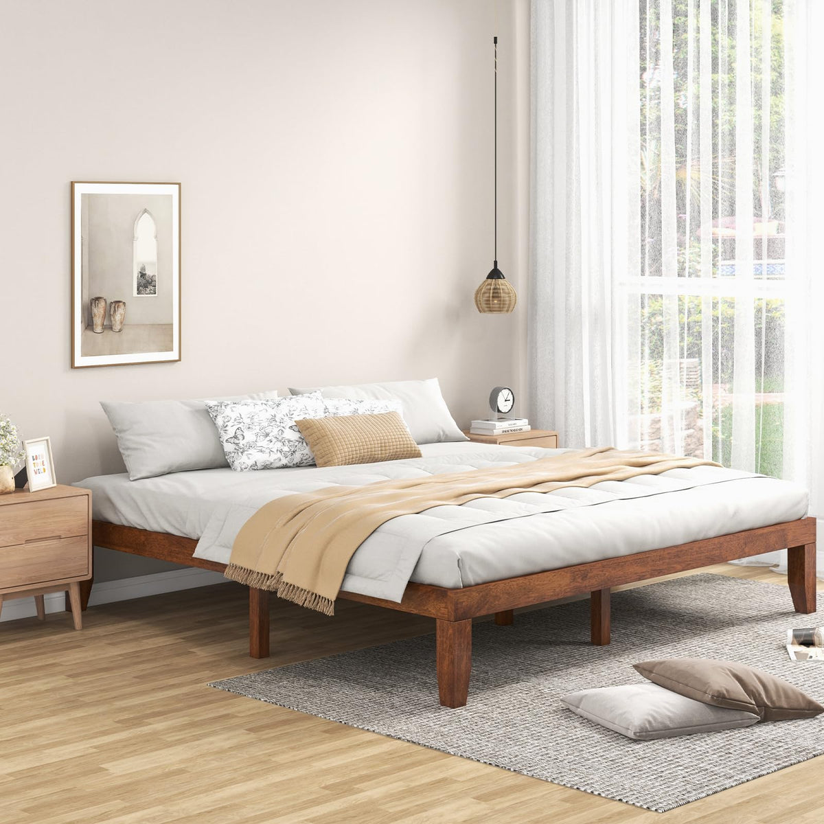 14 Inches Wood Platform Bed Frame King Size, Wooden Mattress Foundation with Rubber Wood Frame, Strong Wooden Slat