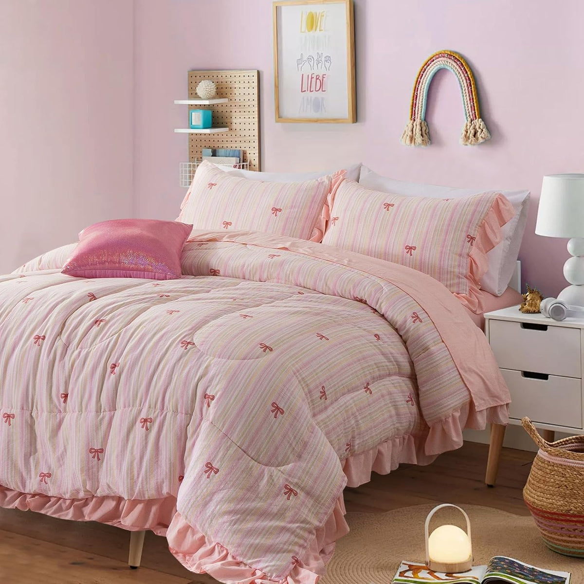 Rainbow Stripes & Bows Bedding,6pc Ruffle Girls Full Comforter