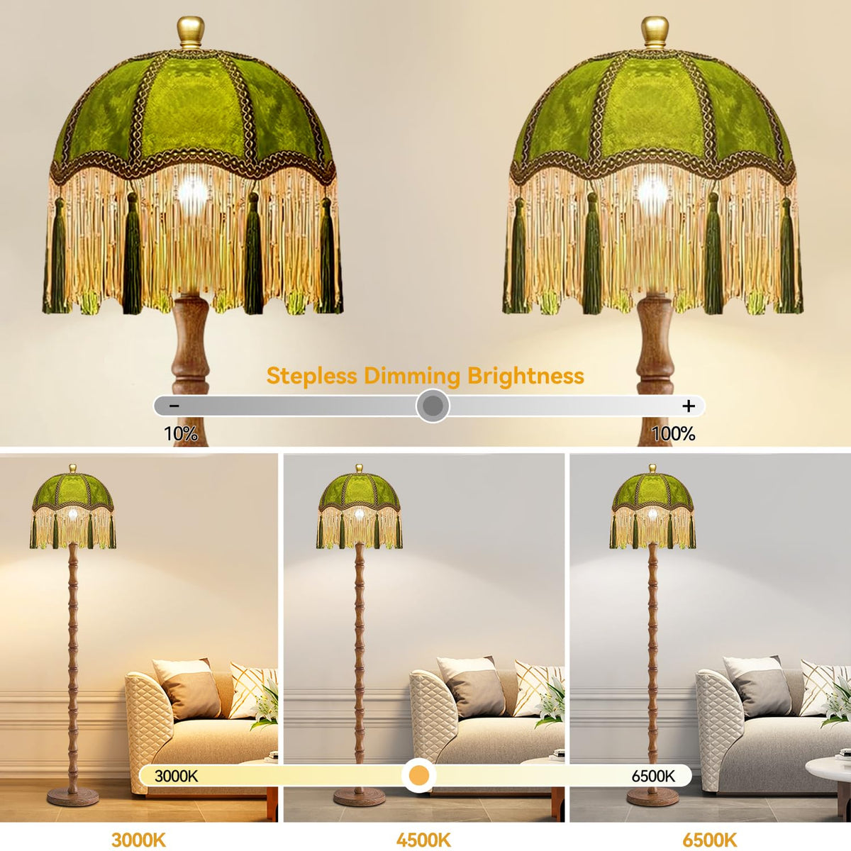 Vintage Floor Lamp, Fringe Standing Lamp with Remote Dimmable, Green Mid Century Gold Tall Lamp Boho Retro Wood Tassel