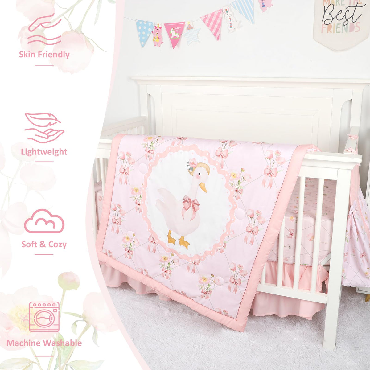 4-Piece Crib Bedding Set for Girls, Baby Nursery Bedding Sets Pink Includes Comforter, Fitted Crib Sheet, Crib Skirt