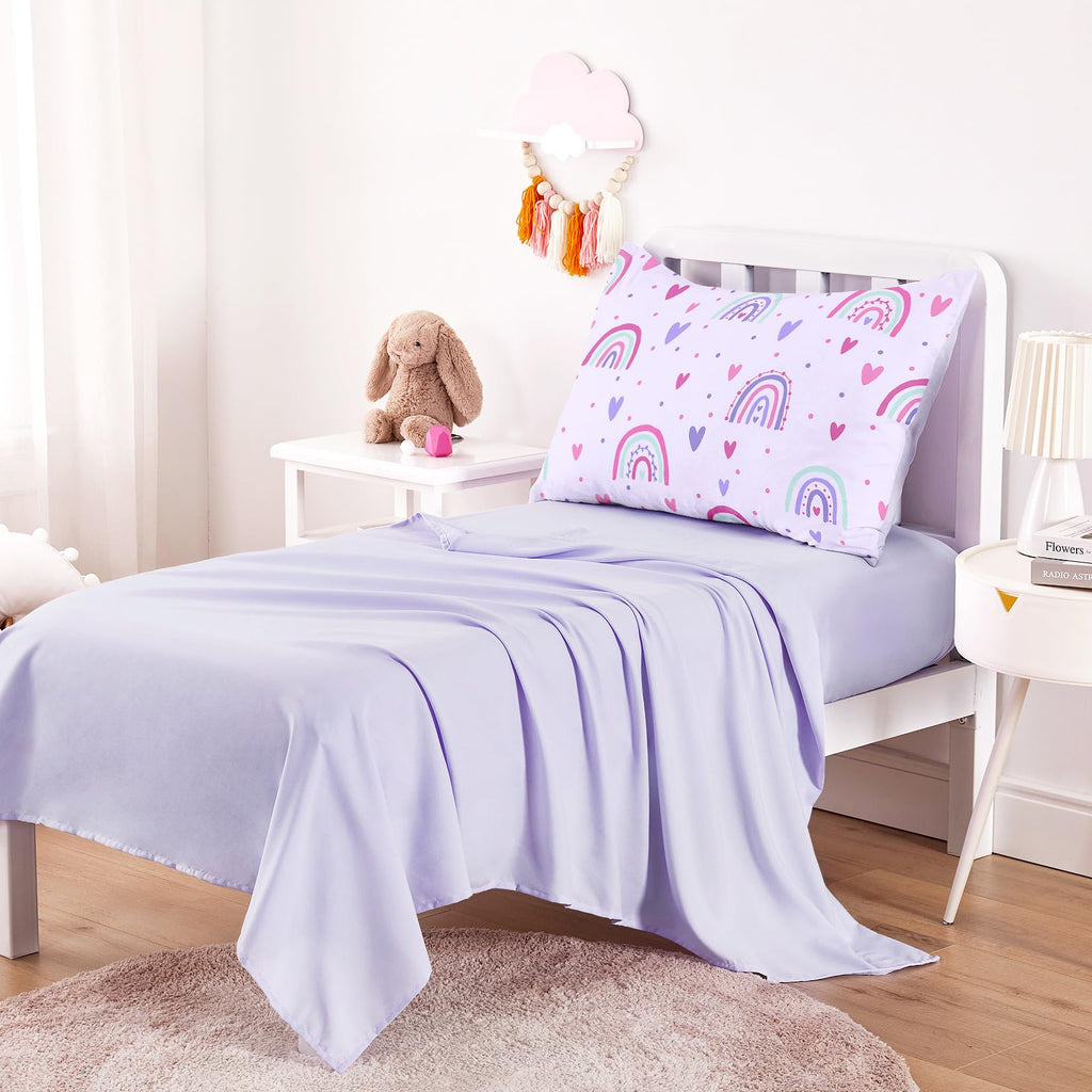 Toddler Bedding Set for Girls, Dreamy Cute Rainbow Heart, 4 Pieces Soft Crib Bed Set Including Comforter, Sheets and