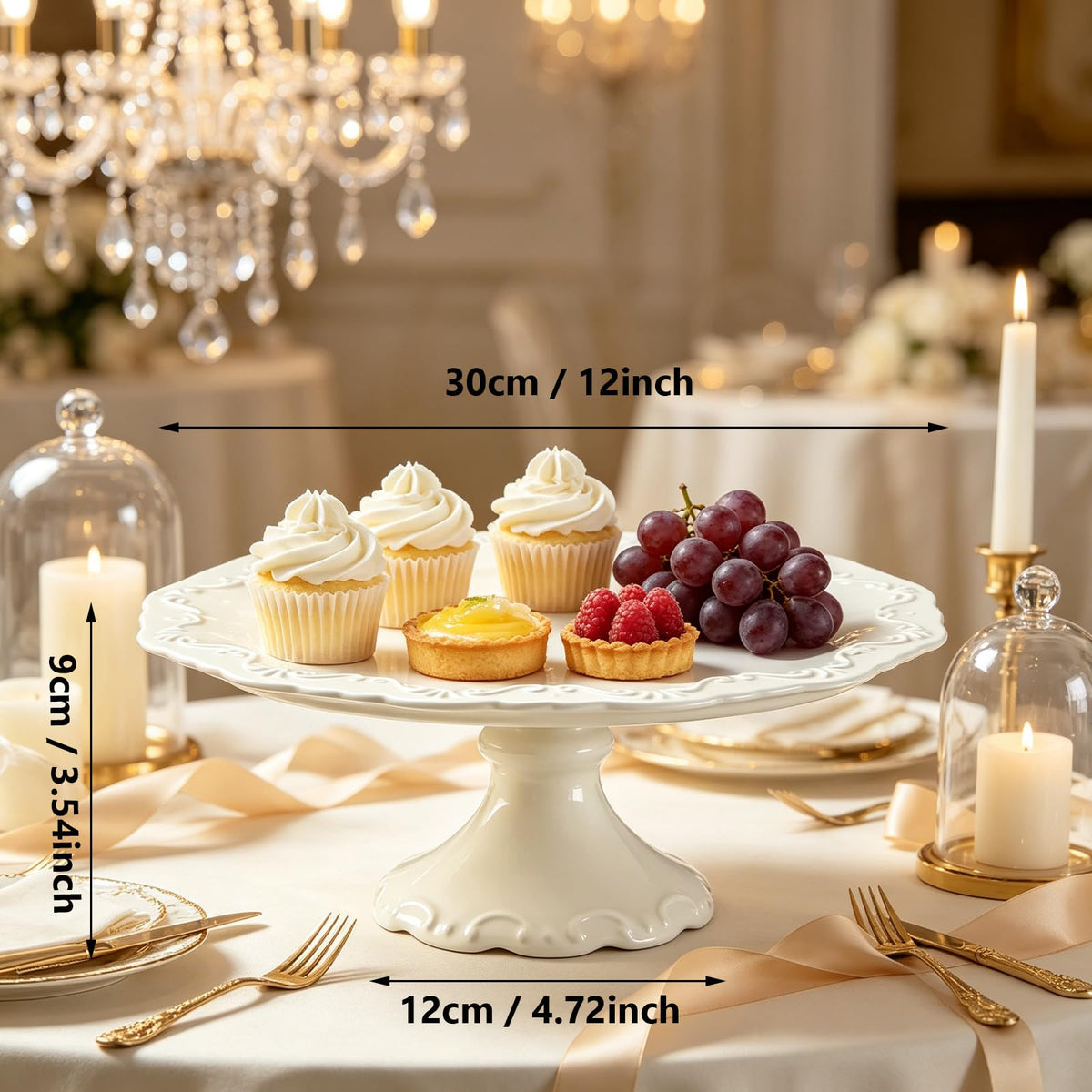 Ceramic Cake Stand Pedestal, 12 inch White Round Cake Plate for 10 in Cake