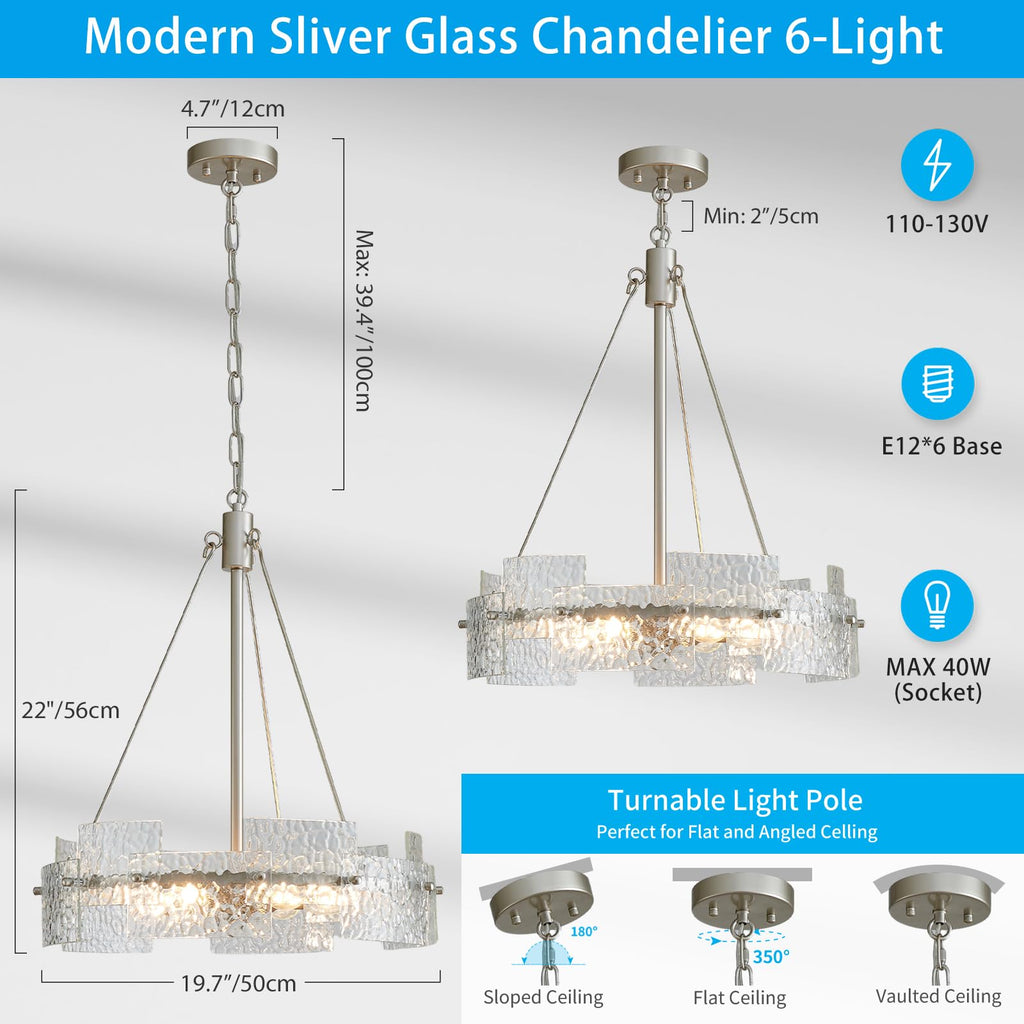 Modern Farmhouse Chandelier 6-Light Silver Glass Drum Chandeliers 19.7" Height Adjustable Water Ripple Rustic Pendant
