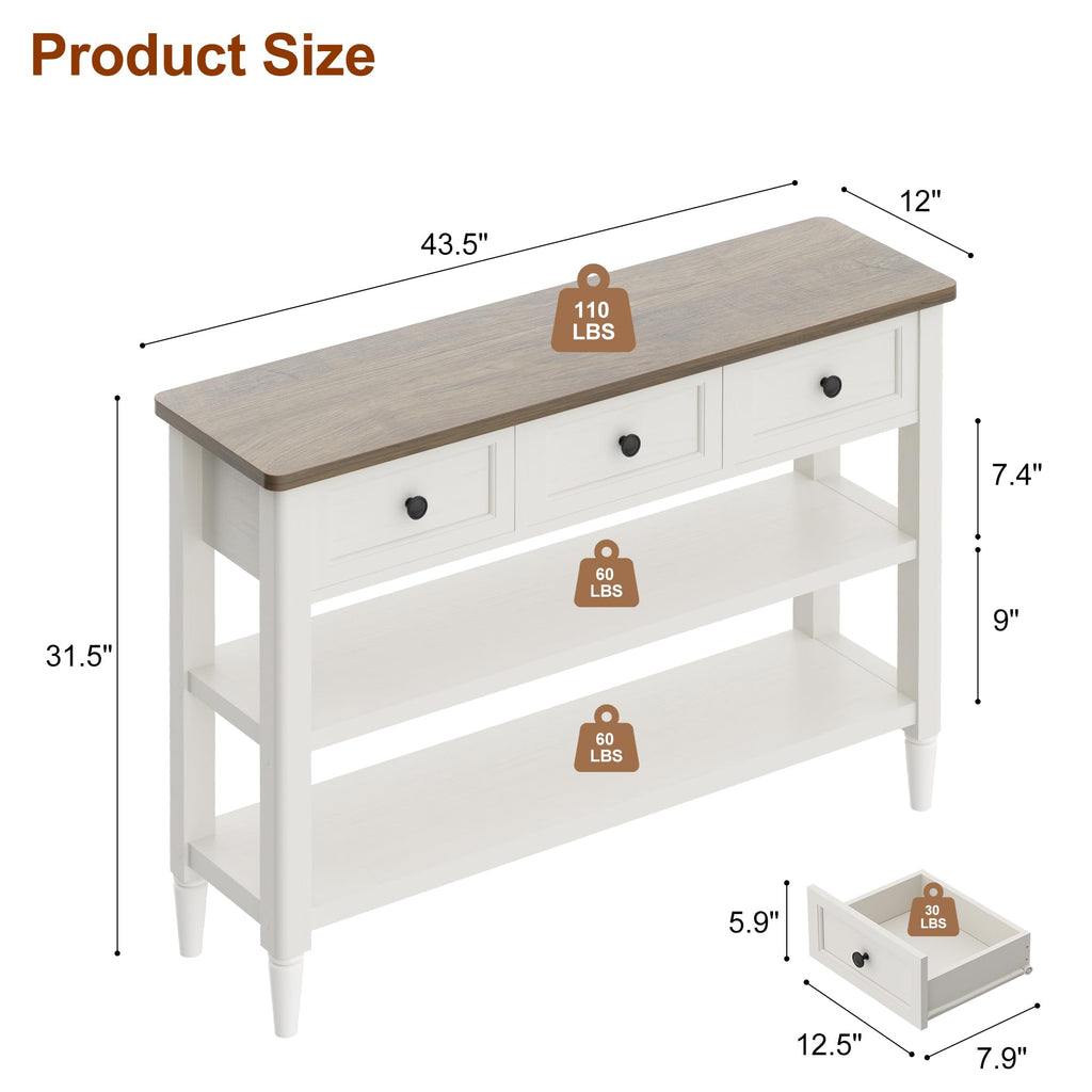 43" Farmhouse Console Table with 3 Drawers 2 Shelves