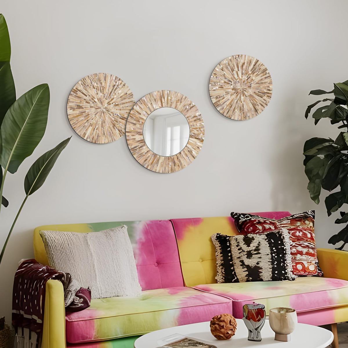 Boho Mother of Pearl Decorative Wall Mirror,Brown