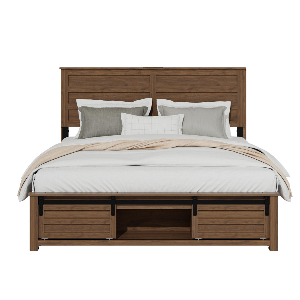 Wooden Bed Frame with Headboard, Farmhouse Storage, Barn Door