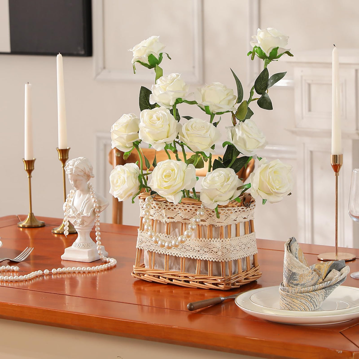 Artificial Silk Rose Flower Bouquet Lifelike White Fake Rose for Wedding Home Party Decoration Event Gift 10pcs (Off