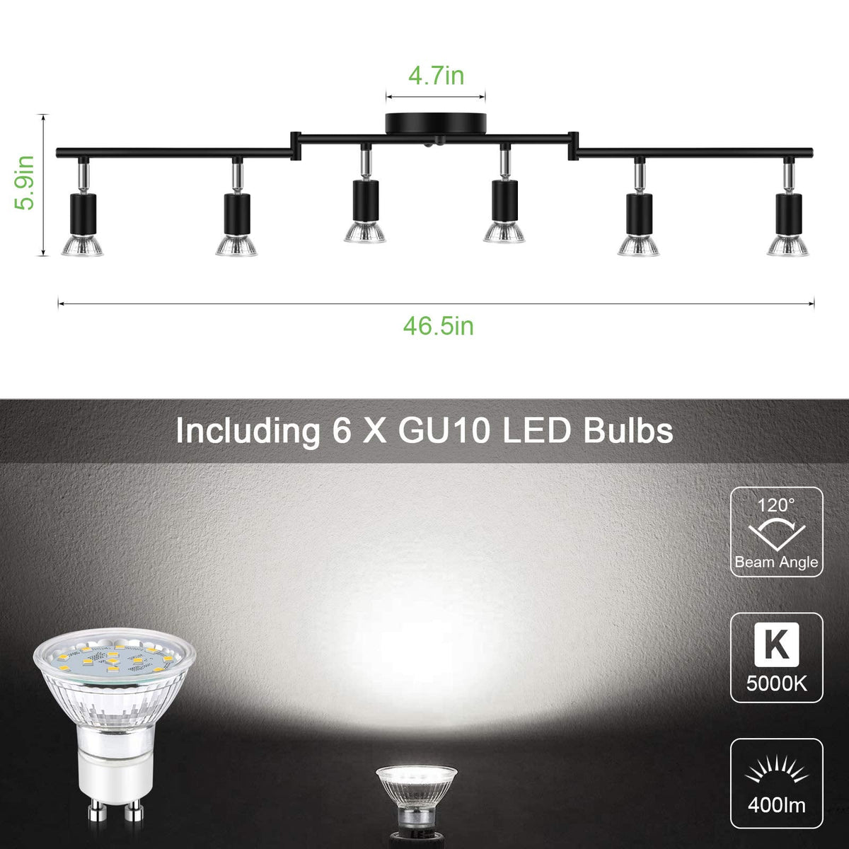 LED 6 Light Track Lighting Kit, 46.5'' Black 6 Way Ceiling Spot Lighting, Flexibly Rotatable Head, Track Light