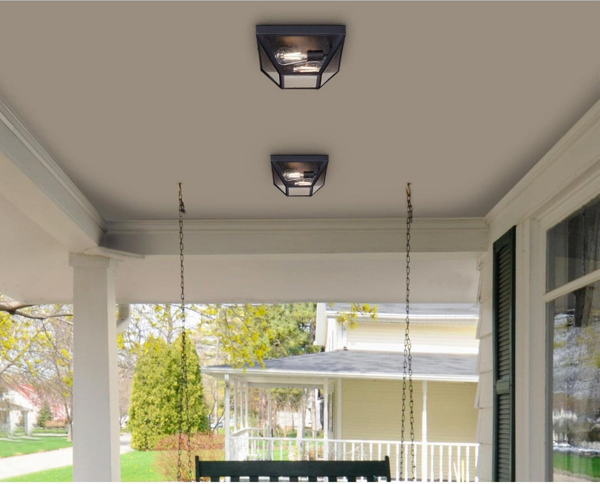 Wyndham 12 Inch Transitional Two-Light Outdoor Flush Mount Ceiling Light, Textured Black Finish, Clear Seeded Glass