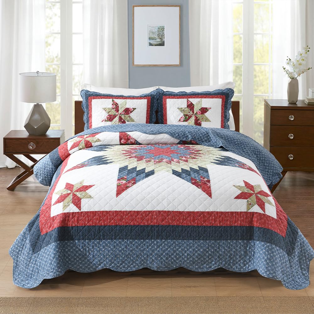 Cotton Quilt Bedding Sets 3 Pieces Soft Reversible Coverlets Luxury Star Handmade Real Patchwork Red Blue Bedspread