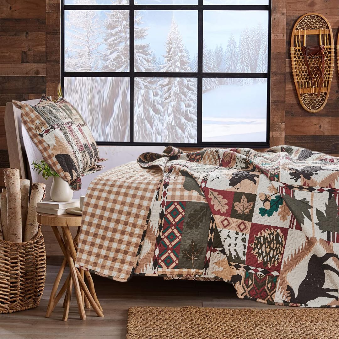 3 Pcs Reversible Rustic Quilt Set Size Moose Bear Bedspread Lodge Bedding Plaid Themed Cabin Coverlet