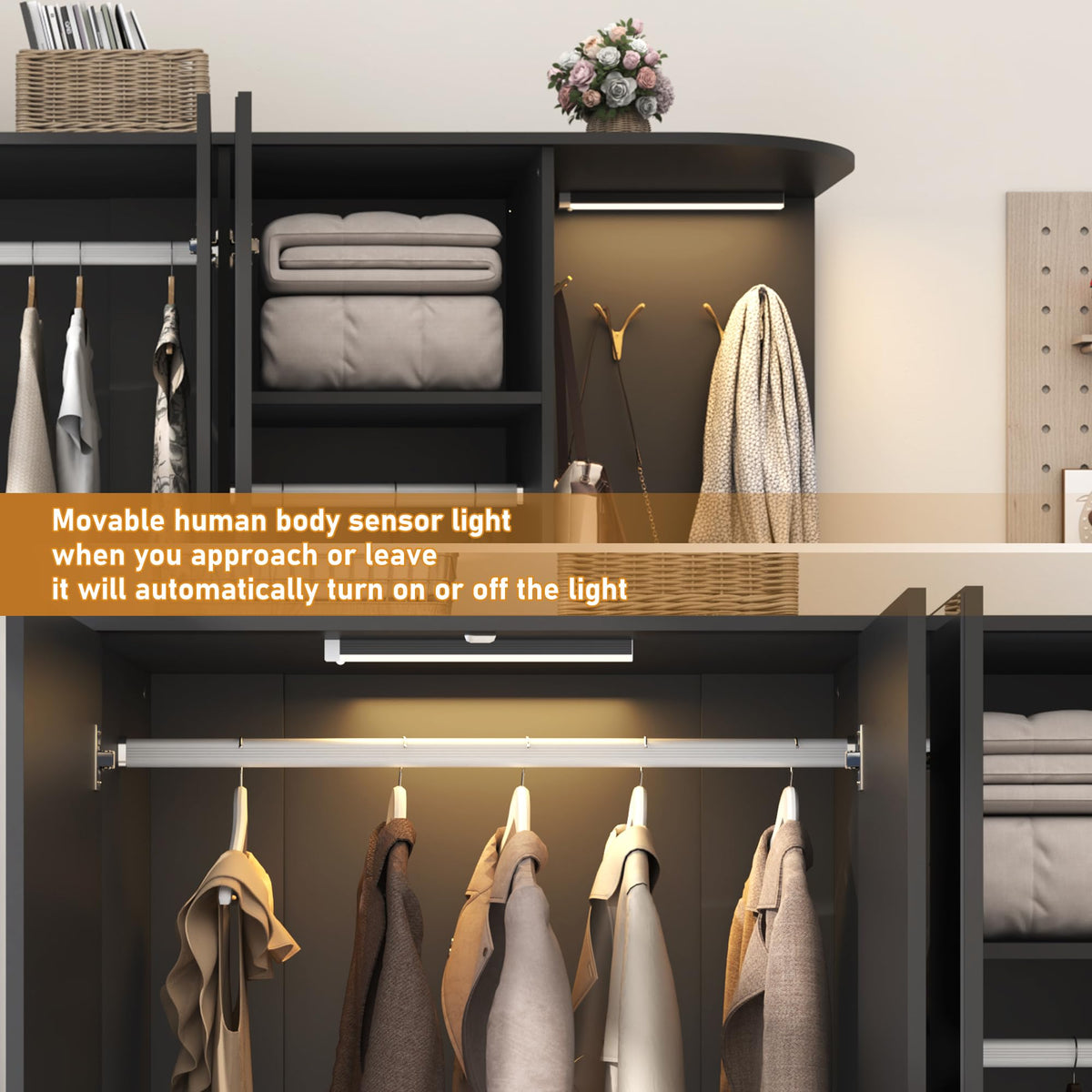 Armoire Wardrobe Closet with Mirror & Sensor Light, Bedroom Armoire with 5 Doors & 2 Drawers, Modern Wooden Large
