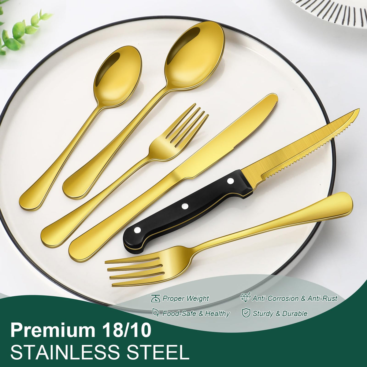 24-Piece Gold Silverware Set with Steak Knives Stainless Steel Flatware Set for 4 Food Grade Tableware Cutlery Set