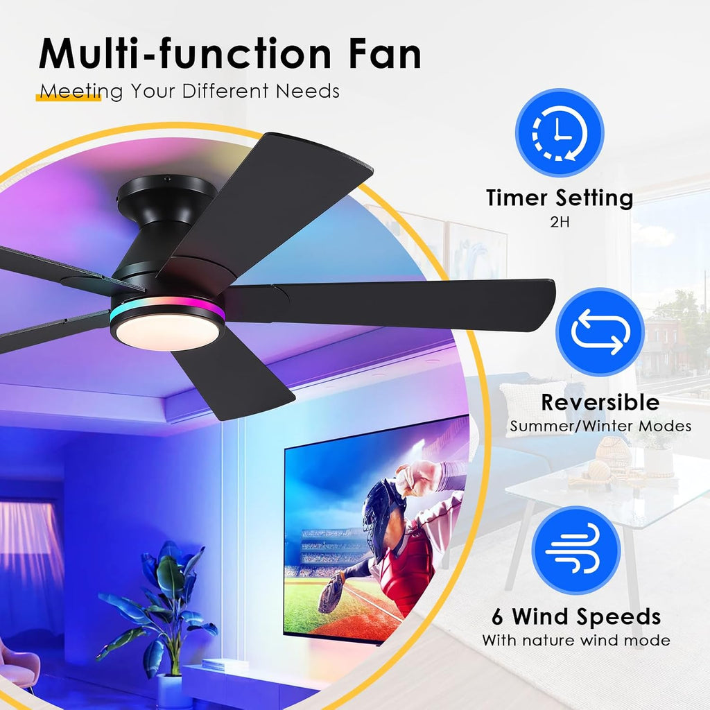 52" Black Flush Mount Ceiling Fan with Light & Remote