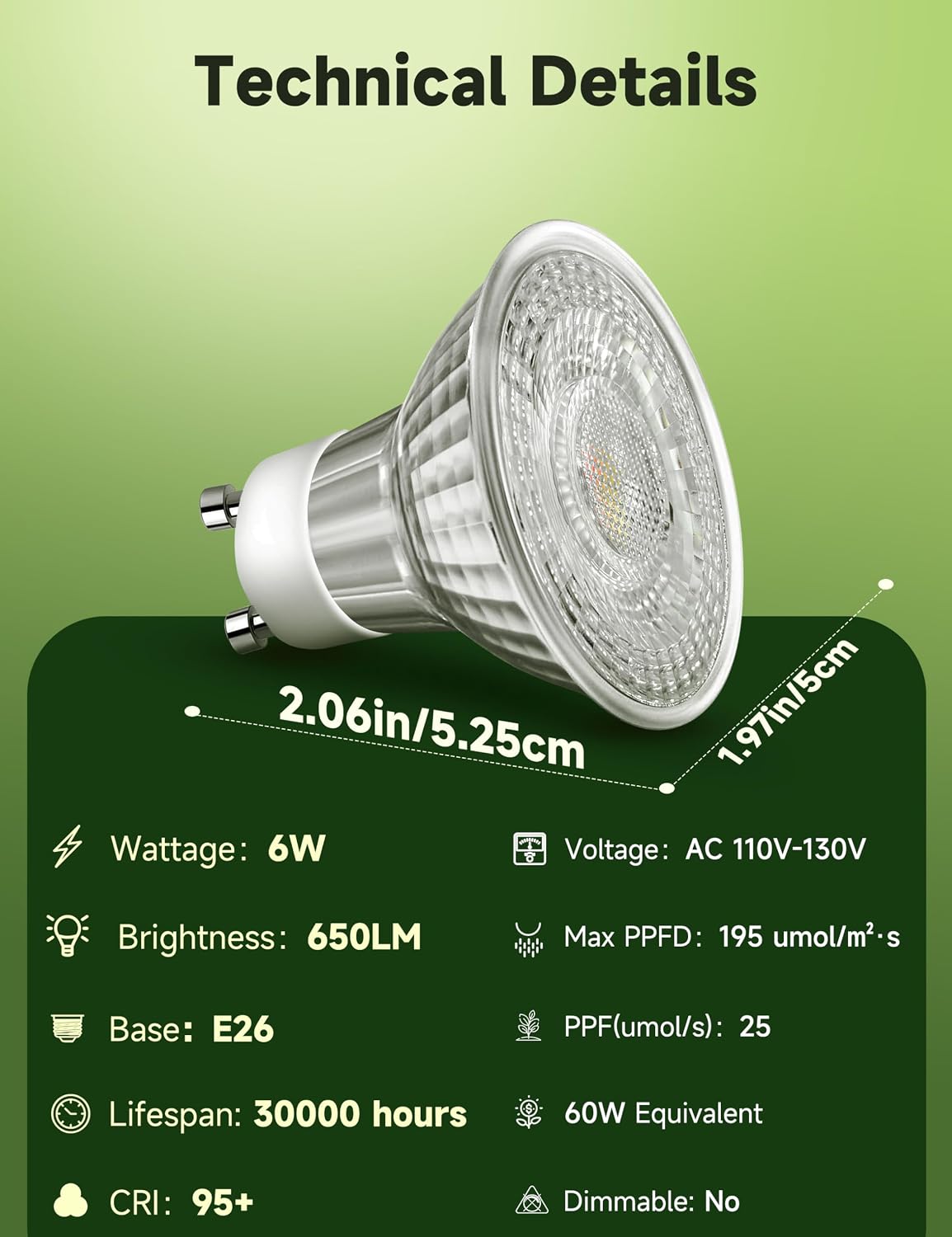 GU10 Grow Light Bulb:6W LED Natural White 4000K 3 Pack