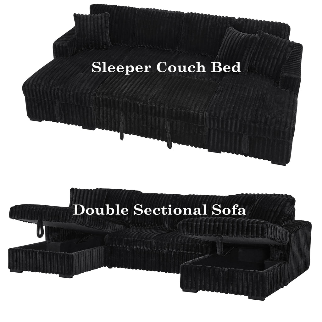 122" Sectional Sleeper Sofa, U Shaped, Black