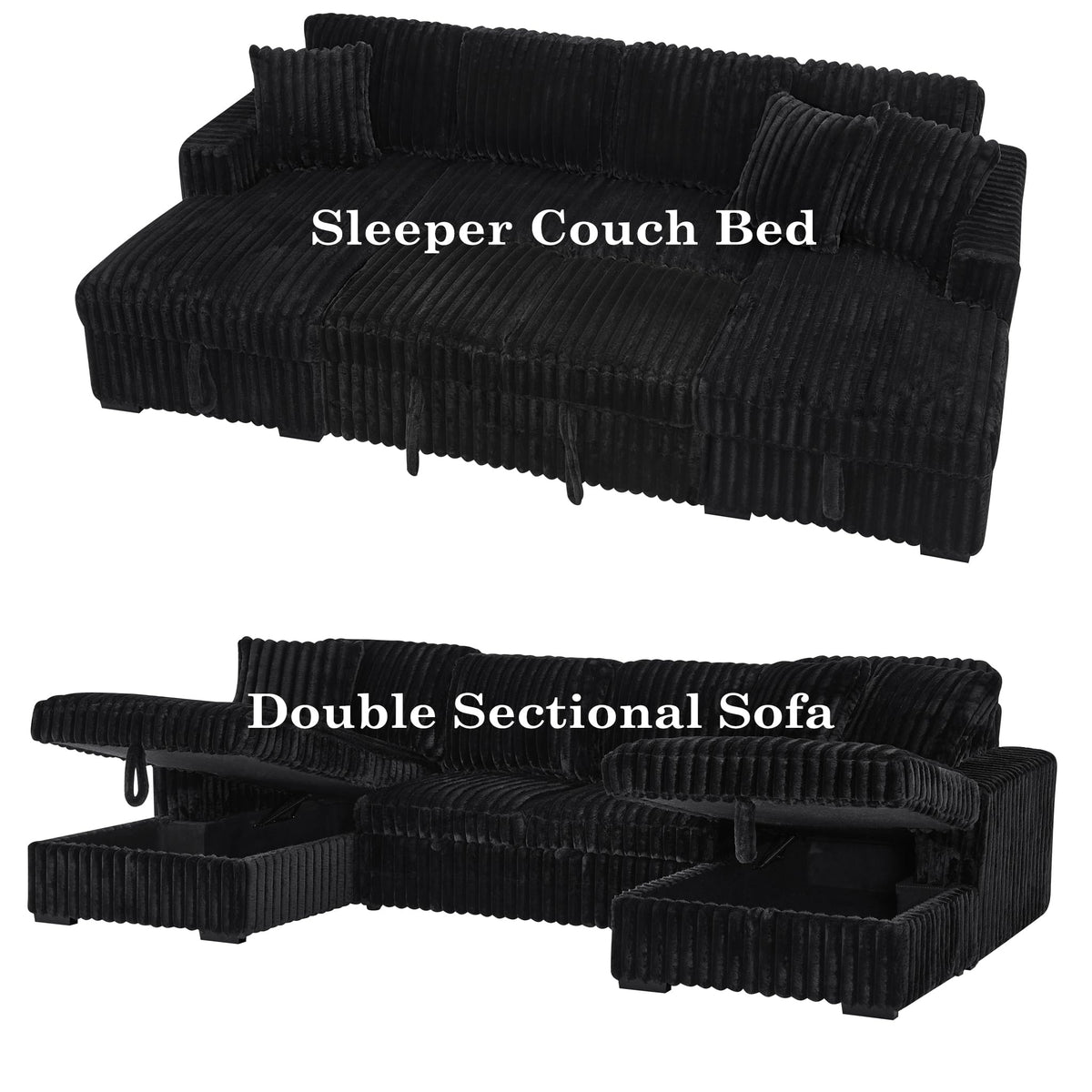 122" Sectional Sleeper Sofa, U Shaped, Black