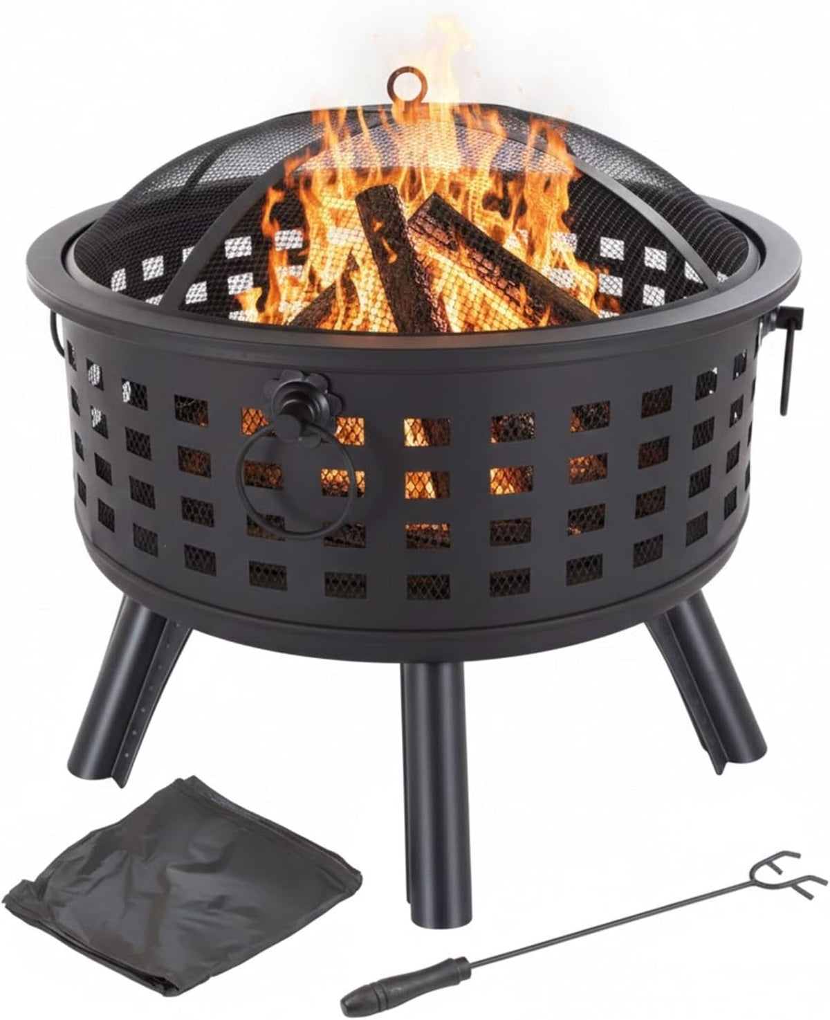 Outdoor Fire Pit - 26-Inch Round Lattice Wood Burning Firepit with Screen, Poker, Grate and Cover