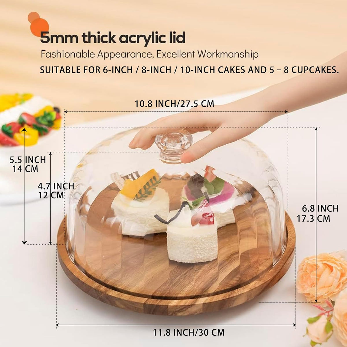 Cake Stand with Lid, 10.8'' Shatterproof Acrylic Dome (Not Glass), 11.8'' Rotating Acacia Wood Cake Display Stand