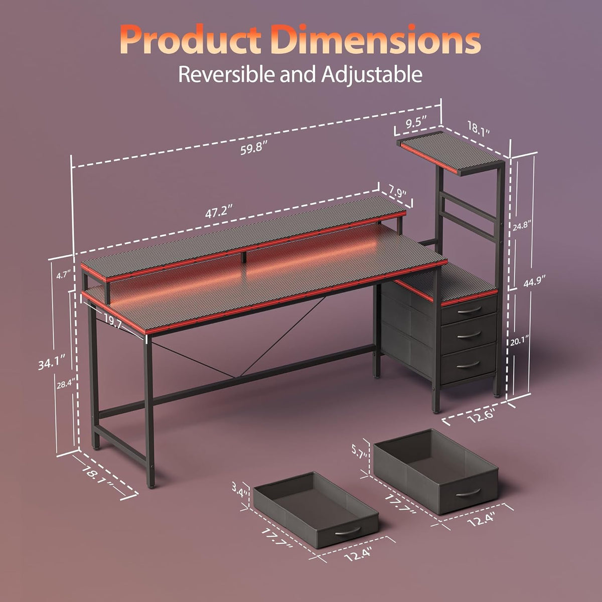 60 inch Gaming Desk with Drawers, Reversible Computer Desk, Black | Gamer Desk with LED Lights, Power Outlets &