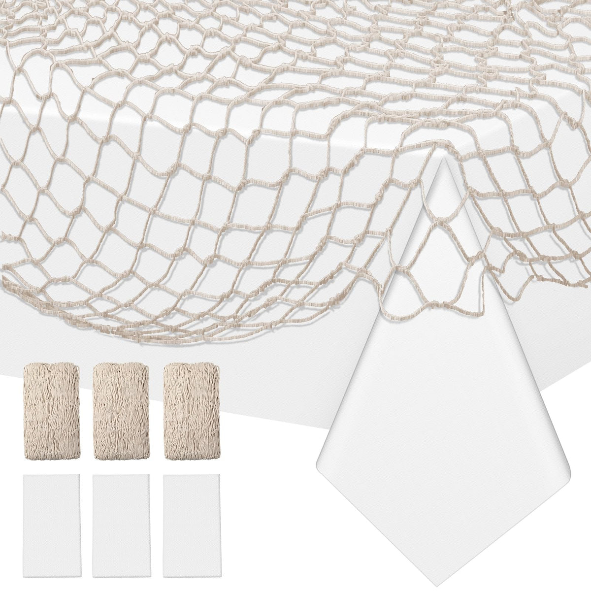 6 Pack Fish Net Decorative and Tablecloth Set, Cotton Fishnet and Plastic Table Cover Decorations Set for Nautical