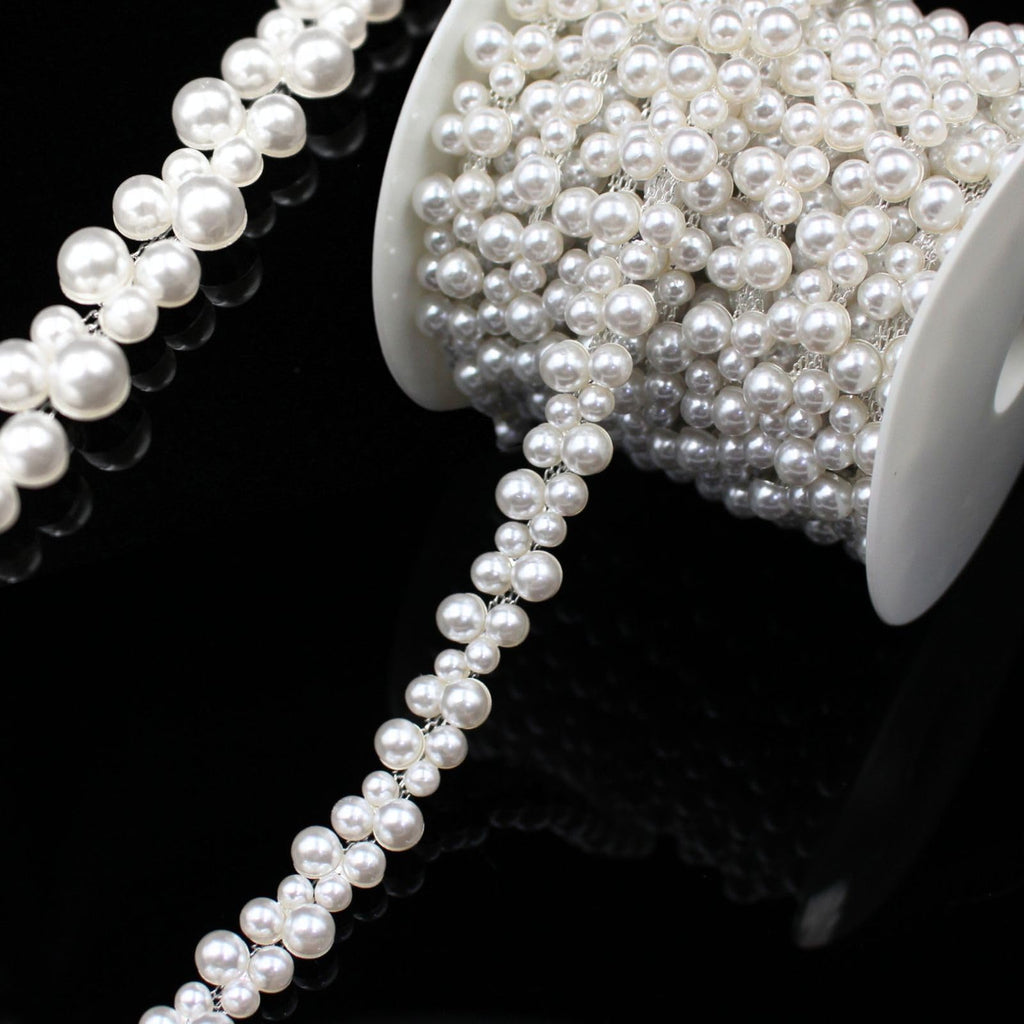 Pearl Trim Chain String Silver Applique Fringe Ribbon Strips Beads Sewing Dress DIY Party Wedding Bouquet for - 1 Yard