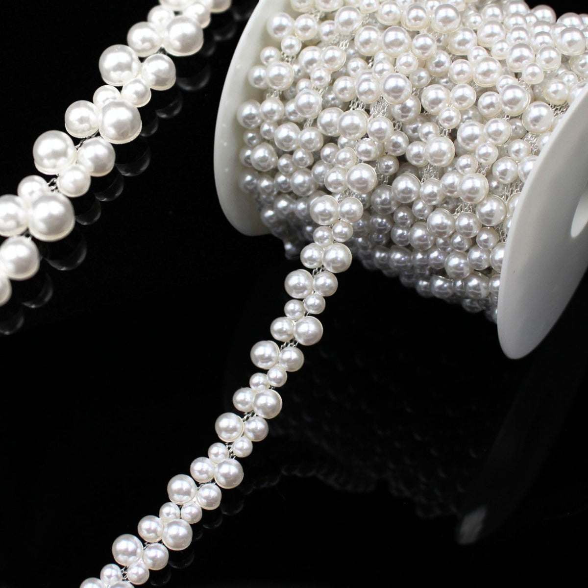 Pearl Trim Chain String Silver Applique Fringe Ribbon Strips Beads Sewing Dress DIY Party Wedding Bouquet for - 1 Yard