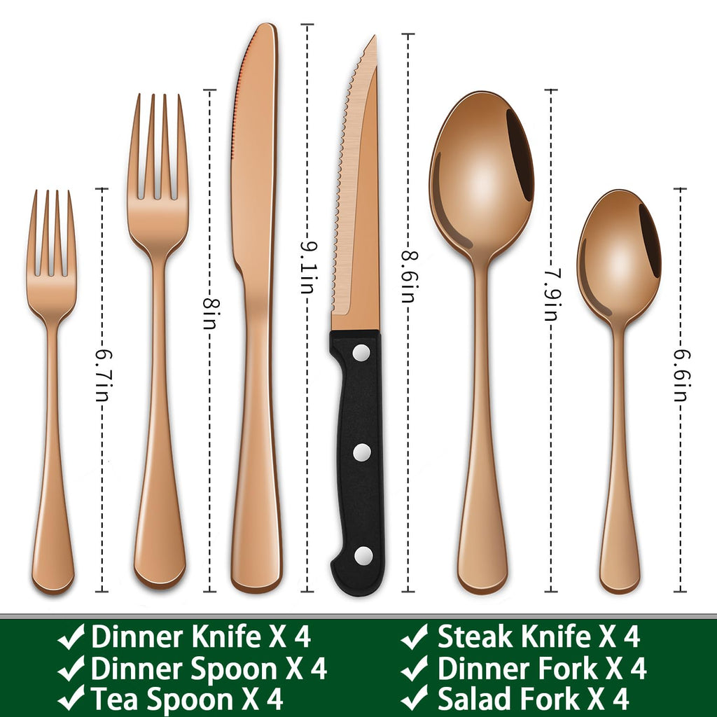 24 PCs Rose Gold Flatware Sets Service For 4, Copper Kitchen Utensils Set