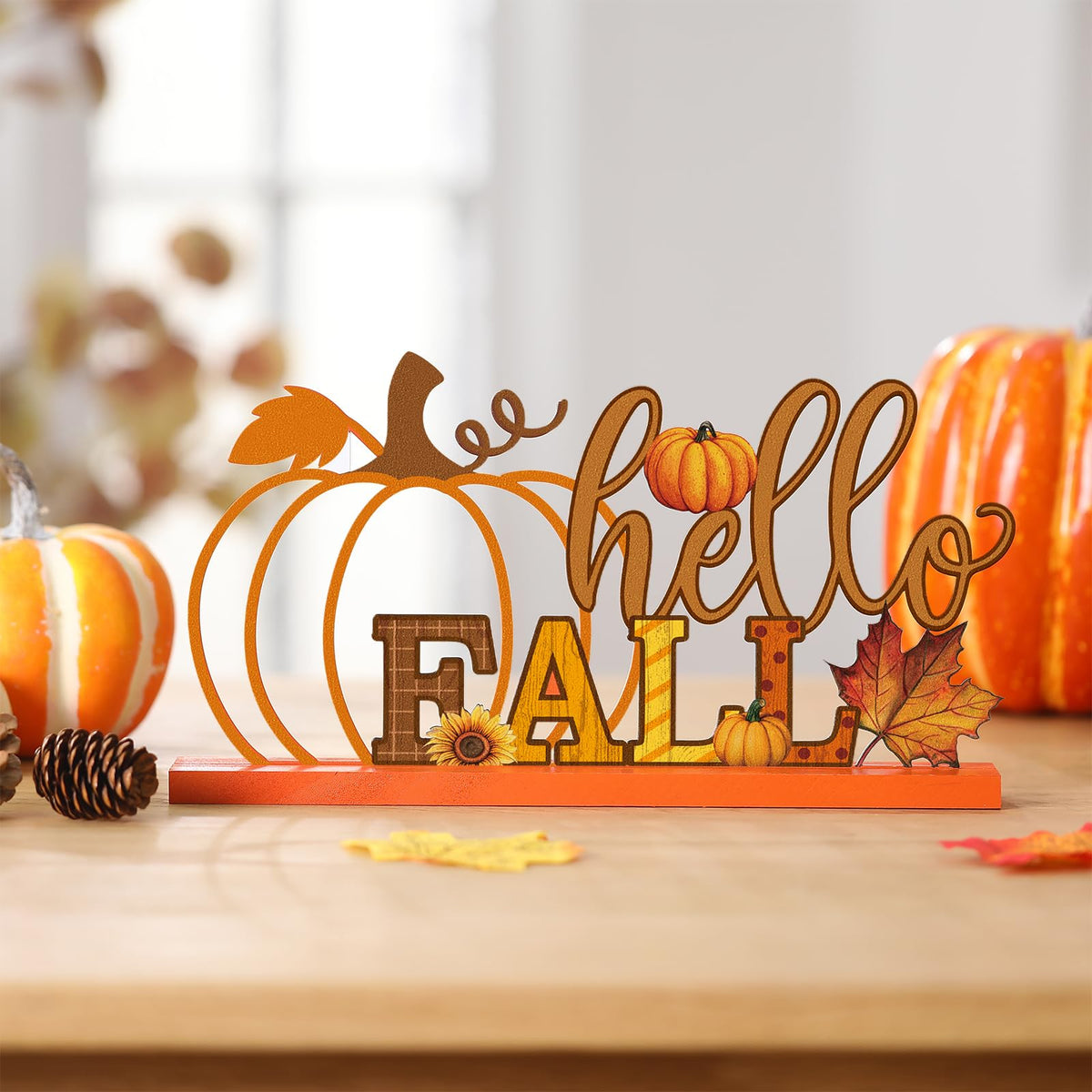 Fall Decorations Metal Pumpkin Table Sign with Wood Base