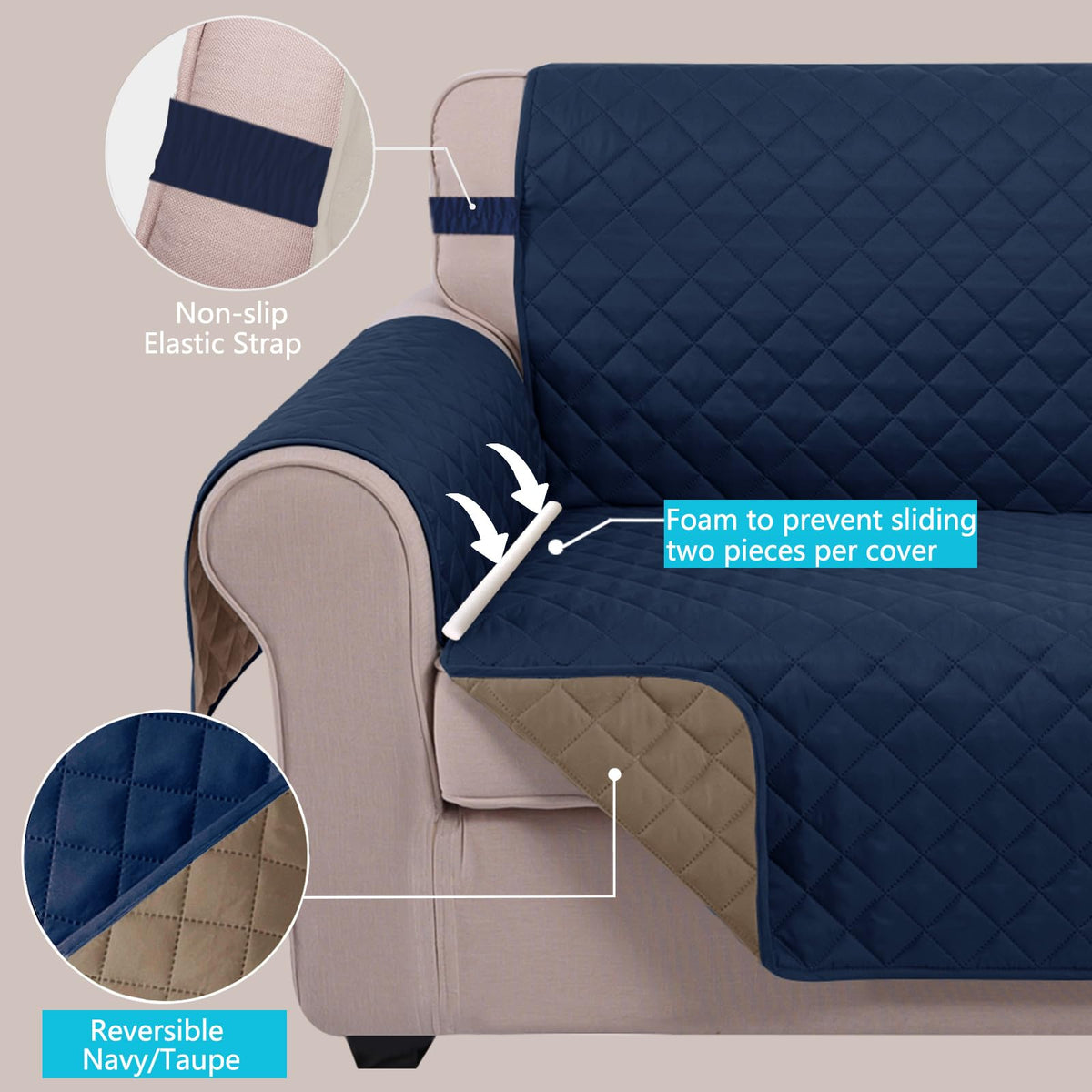 Reversible Recliner Chair Covers, Navy/Taupe