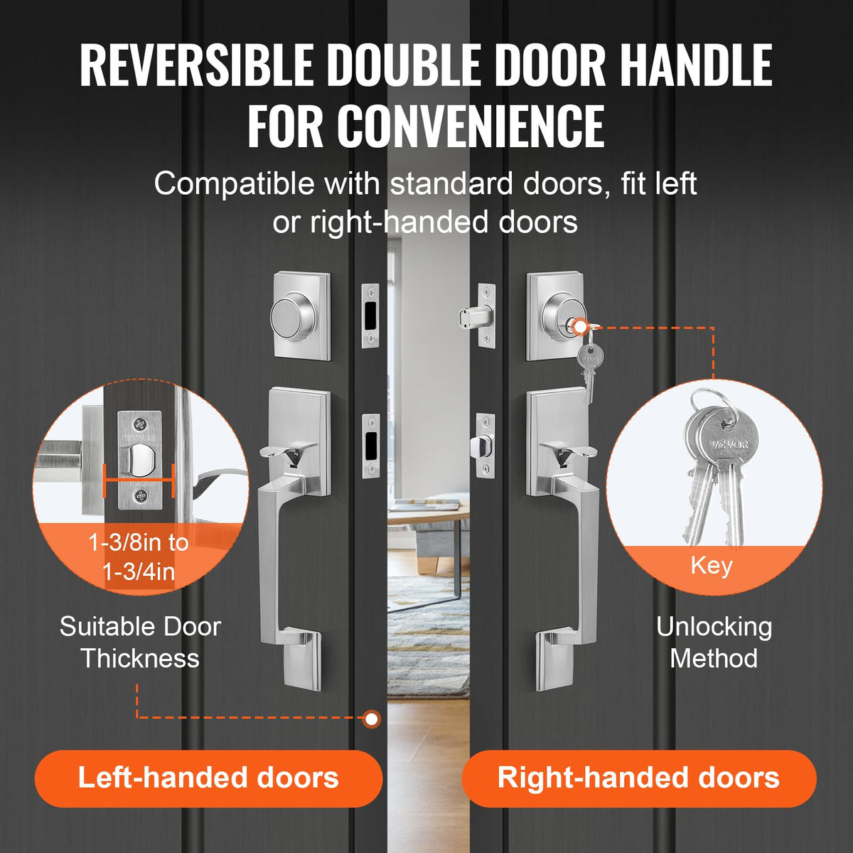 Double Door Handle Set, Double Door Lock Set with Reversible Handle Lever, Satin Nickel Square Door Lever, Heavy Duty