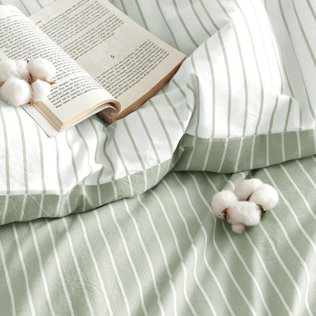 Striped Duvet Cover Cotton Bedding Set 3 Pieces Green White