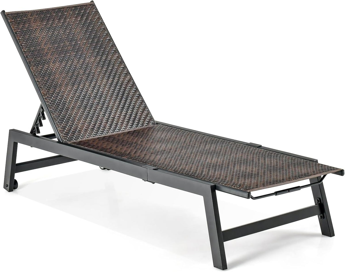 Patio Chaise Lounge Chair - Outdoor PE Rattan Recliner Chair with Wheels, 5-Position Adjustable Backrest, Steel Frame