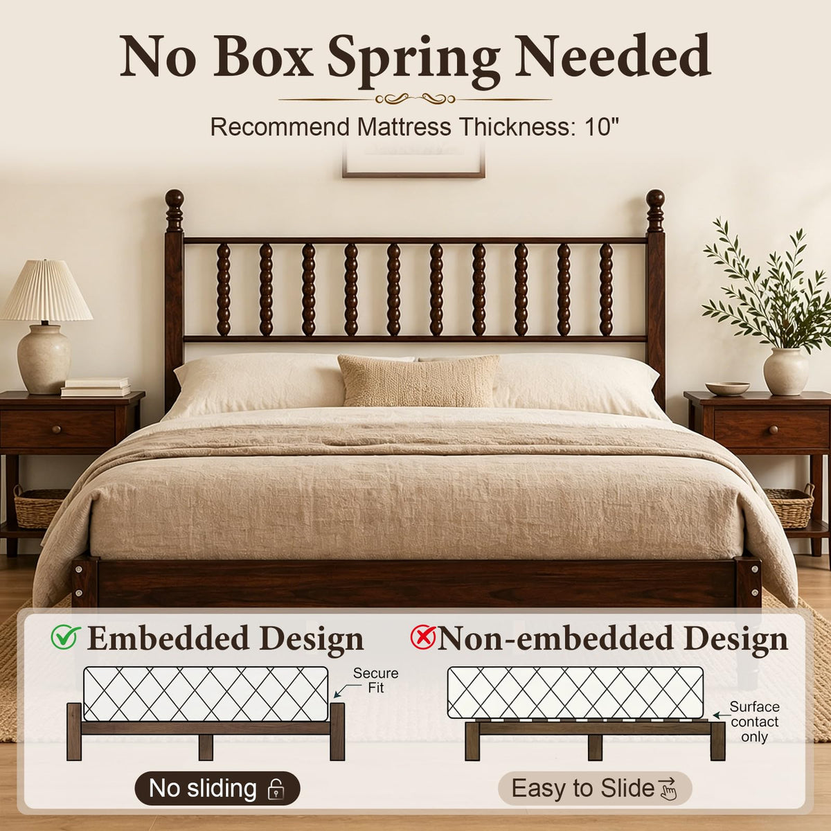 Vintage Wood Bed Frame Queen Size with Spindle Headboard, Walnut