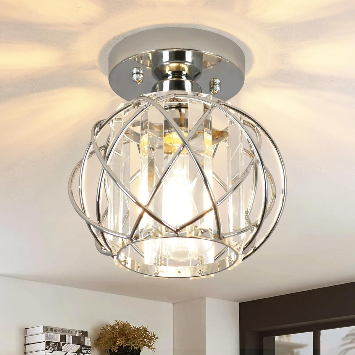 Hallway Light Fixtures Ceiling,Modern Chrome Crystal Ceiling Lights Fixture, Semi Flush Mount E26 Small Hallway