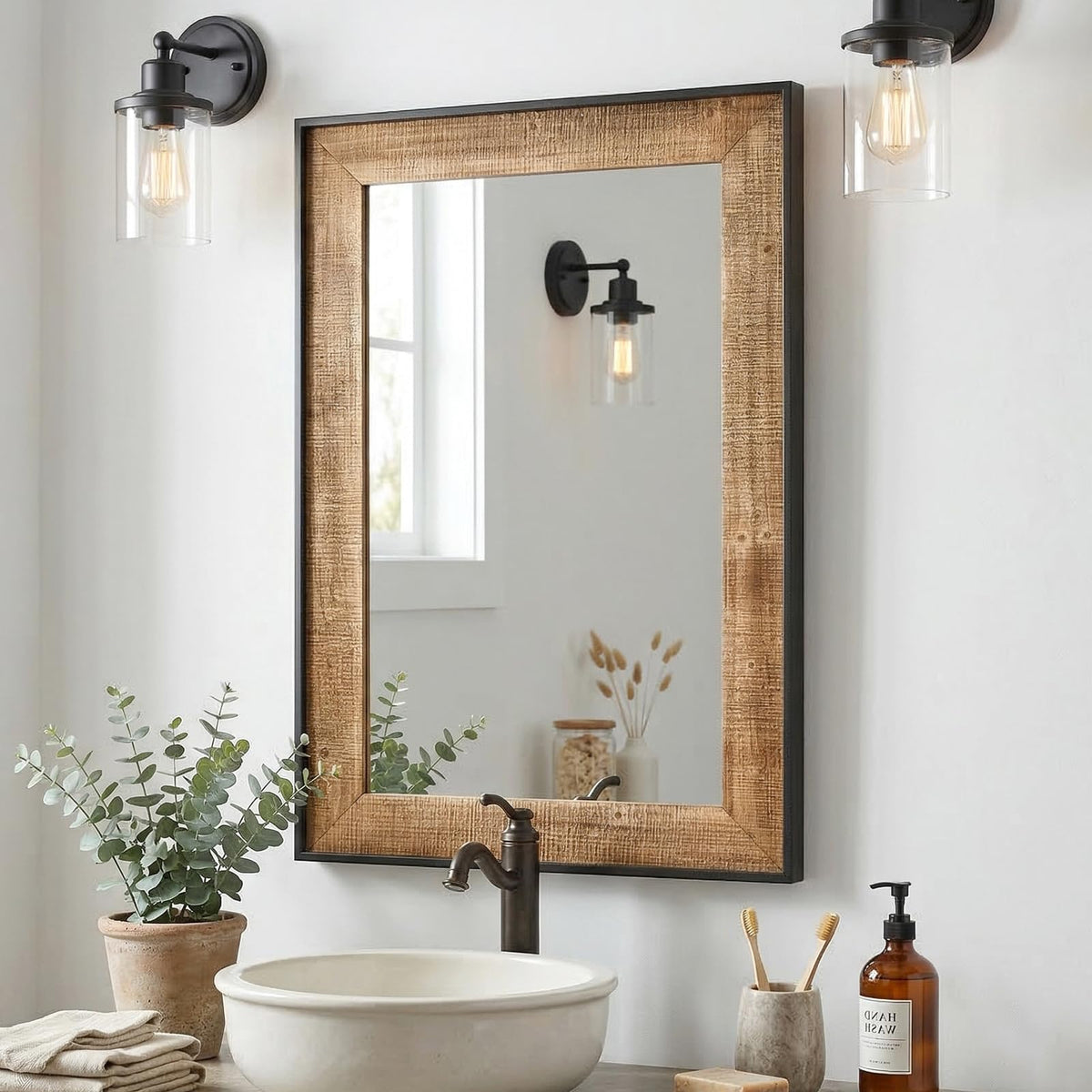 Rustic Solid Wood Wall Mirror 36x24 Inch, Vintage Wood Framed Wall Mirror Over Sink, Living Room, Hallway & Entryway