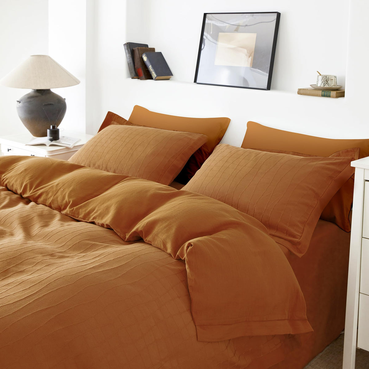 Duvet Cover Queen Size 100% Cotton 3 Pcs Set 1 Jacquard Plaid Duvet Cover with Zipper Ties 2 Pillow Shams Burnt