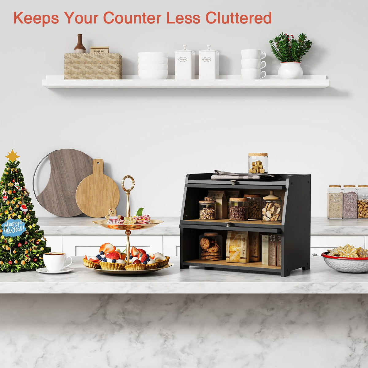 Large Countertop, Black Bread Storage Container made Bread, Double Layer Farmhouse Breadbox Organizer Counter