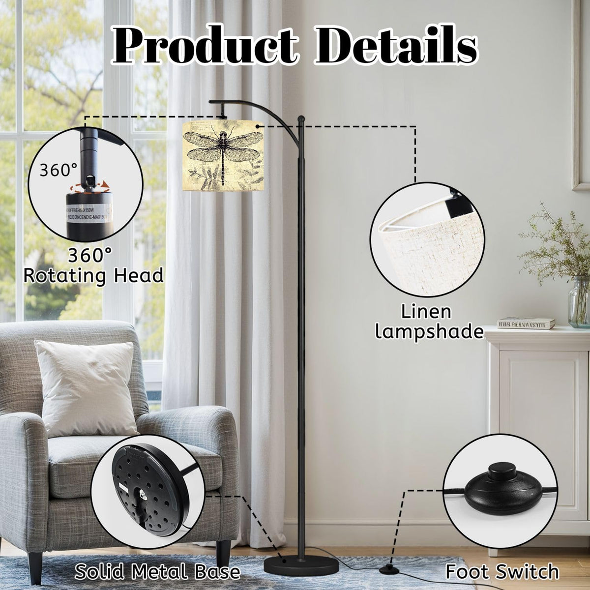 Inspired Arco Style Arc Floor Lamp Vintage Dragonfly Botanical Retro Fern Leaves Textured Intricate Wing Dimmable Modern Standing Lamp