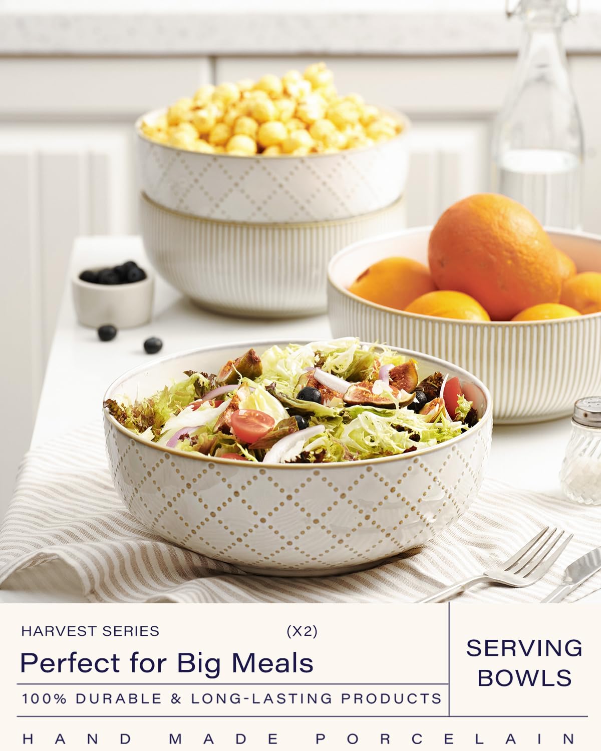 Large Serving Bowls (9.5 inch & 92 fl oz), Ceramic Salad Bowl Set of 2, Microwave and Dishwasher Safe