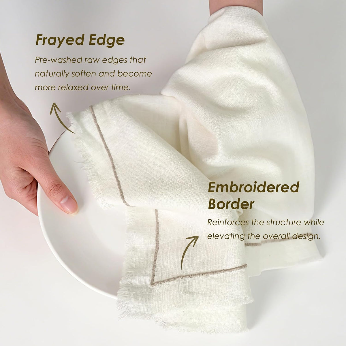 Linen World Dish Towels Set of 4, 20 x 28 Inch Linen Blend Kitchen Towel, Frayed Edge, Embroidered Border, Absorbent