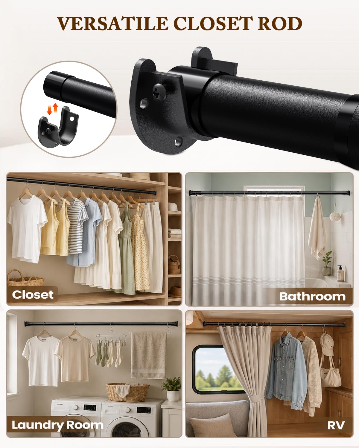 Closet Rod, 17-69 IN Closet Rods for Hanging Clothes, Black