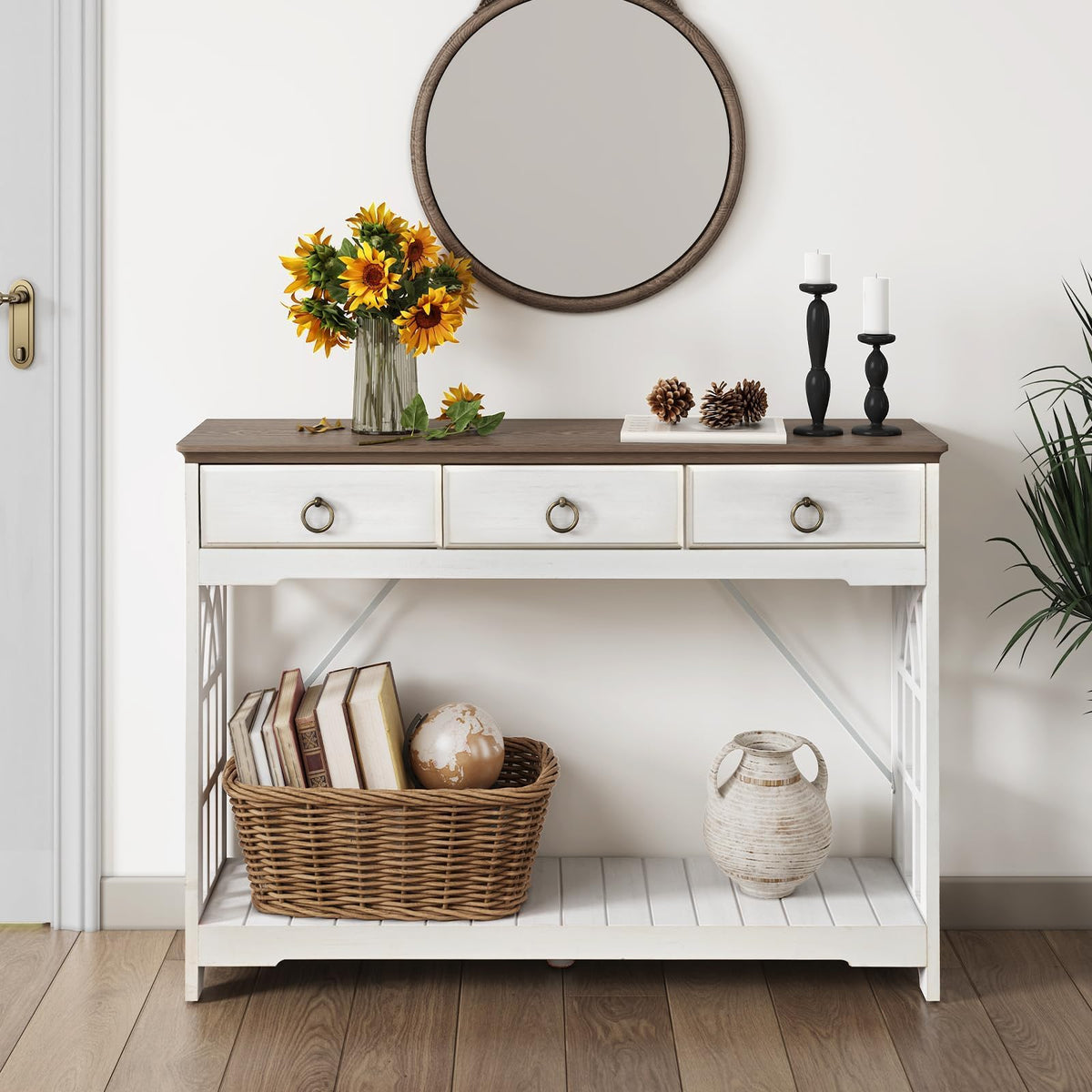 White Console Table with Drawers 43", Farmhouse